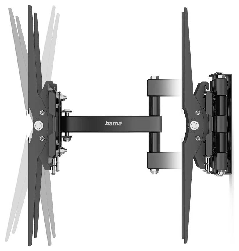 Support mural pour téléviseur Black Hama à deux bras montré en position étendue, avec deux plaques VESA verticales pour un support d'écran plat réglable.