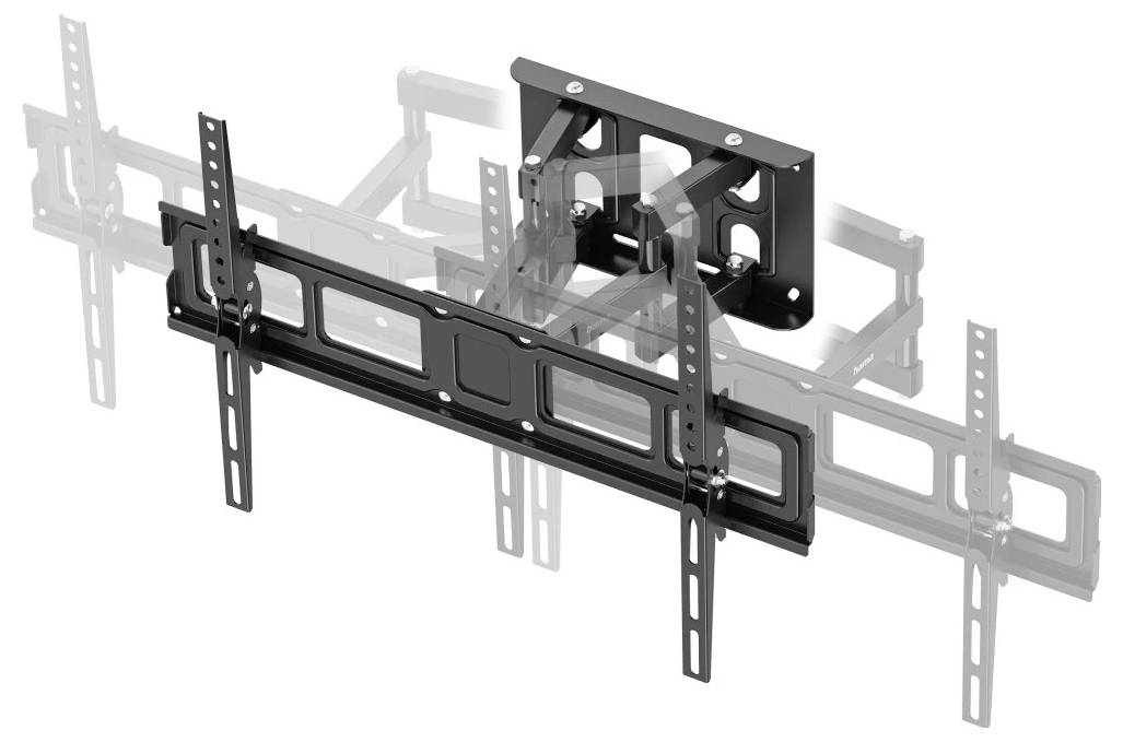 Support mural noir pour téléviseur avec bras ajustables et rails de montage verticaux, présenté dans une illustration de produit avec positions alternatives en transparent.