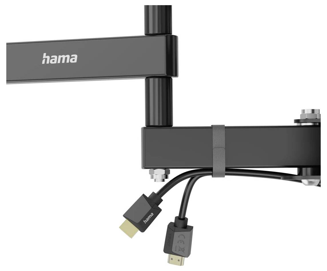 Gros plan d'un bras de moniteur Hama noir avec deux câbles suspendus et des connecteurs de style HDMI attachés au support.