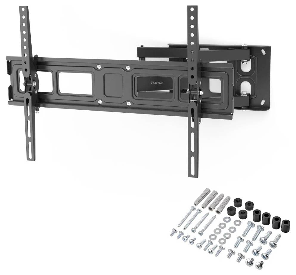 Support mural TV full motion noir avec supports ajustables et vis, chevilles, rondelles et entretoises incluses sur un fond blanc.