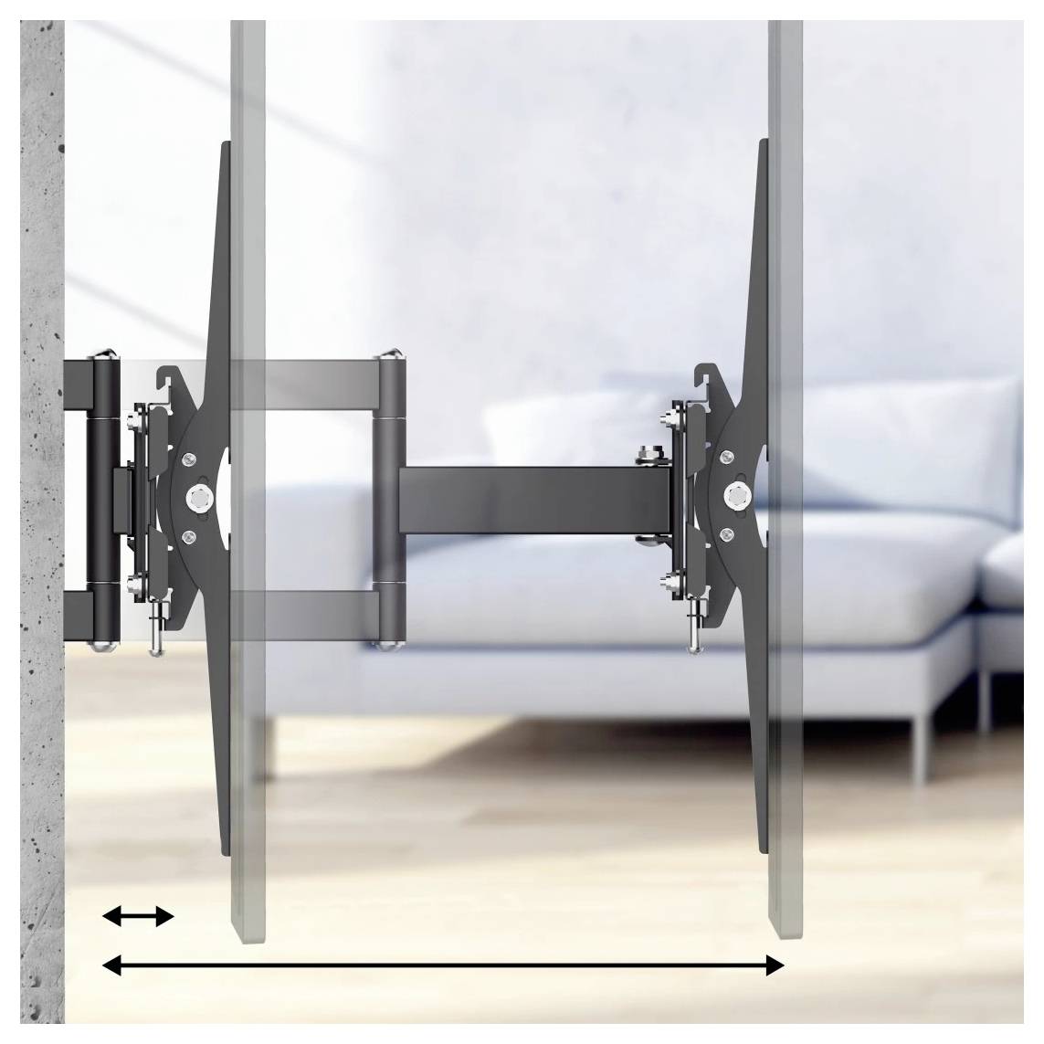Vue latérale d'un support mural double TV montrant deux supports ajustables s'étendant entre deux écrans, avec une flèche double horizontale indiquant une largeur ajustable.