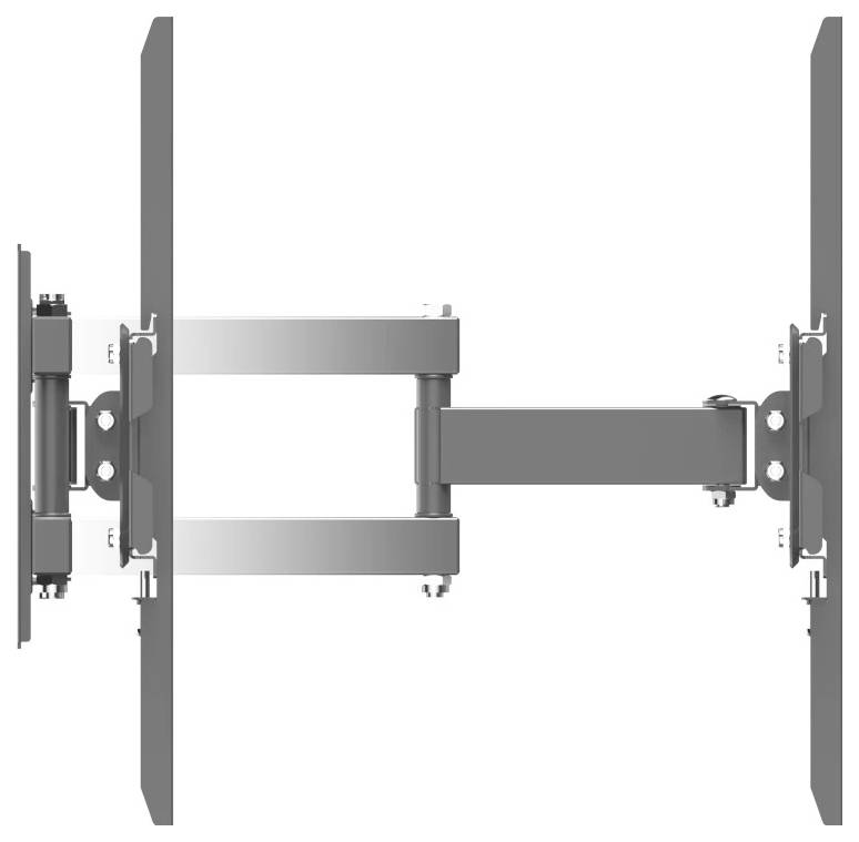 Diagramme en vue latérale d'un support de téléviseur mural avec deux plaques murales verticales et deux bras extensibles soutenant un écran.