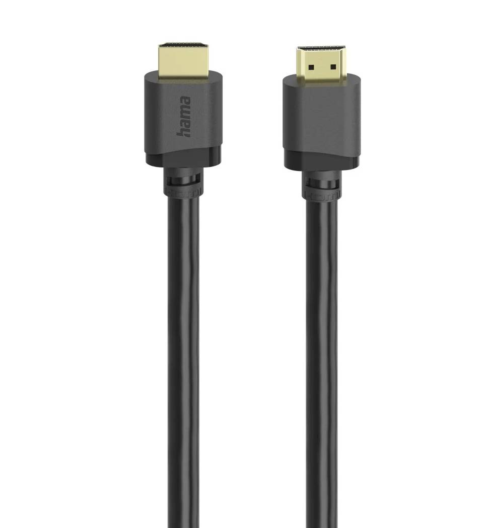 Câble HDMI noir avec connecteurs HDMI affichés aux deux extrémités sur un fond blanc.