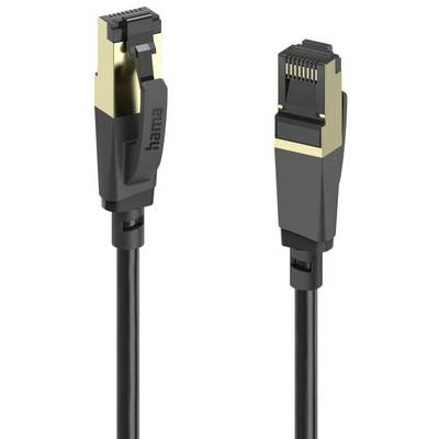 Câble Ethernet noir et or présenté avec des connecteurs RJ45 aux deux extrémités, un connecteur étiqueté « hama ».