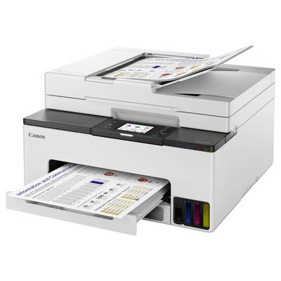 Imprimante multifonction Canon blanche imprimant des pages en couleur avec une feuille dans le bac d'alimentation supérieur et une autre dans le bac de sortie.