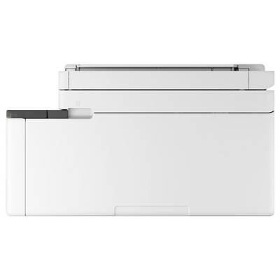 Vue latérale d'une imprimante de bureau blanche ou d'une photocopieuse avec les bacs à papier et la zone de sortie visibles.