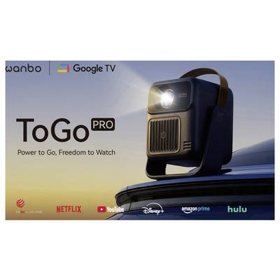 Image promotionnelle d'un projecteur portable Wanbo ToGo Pro sur le toit d'une voiture au coucher du soleil, avec les logos de Google TV et des applications de streaming et le slogan « Power to Go, Freedom to Watch ».