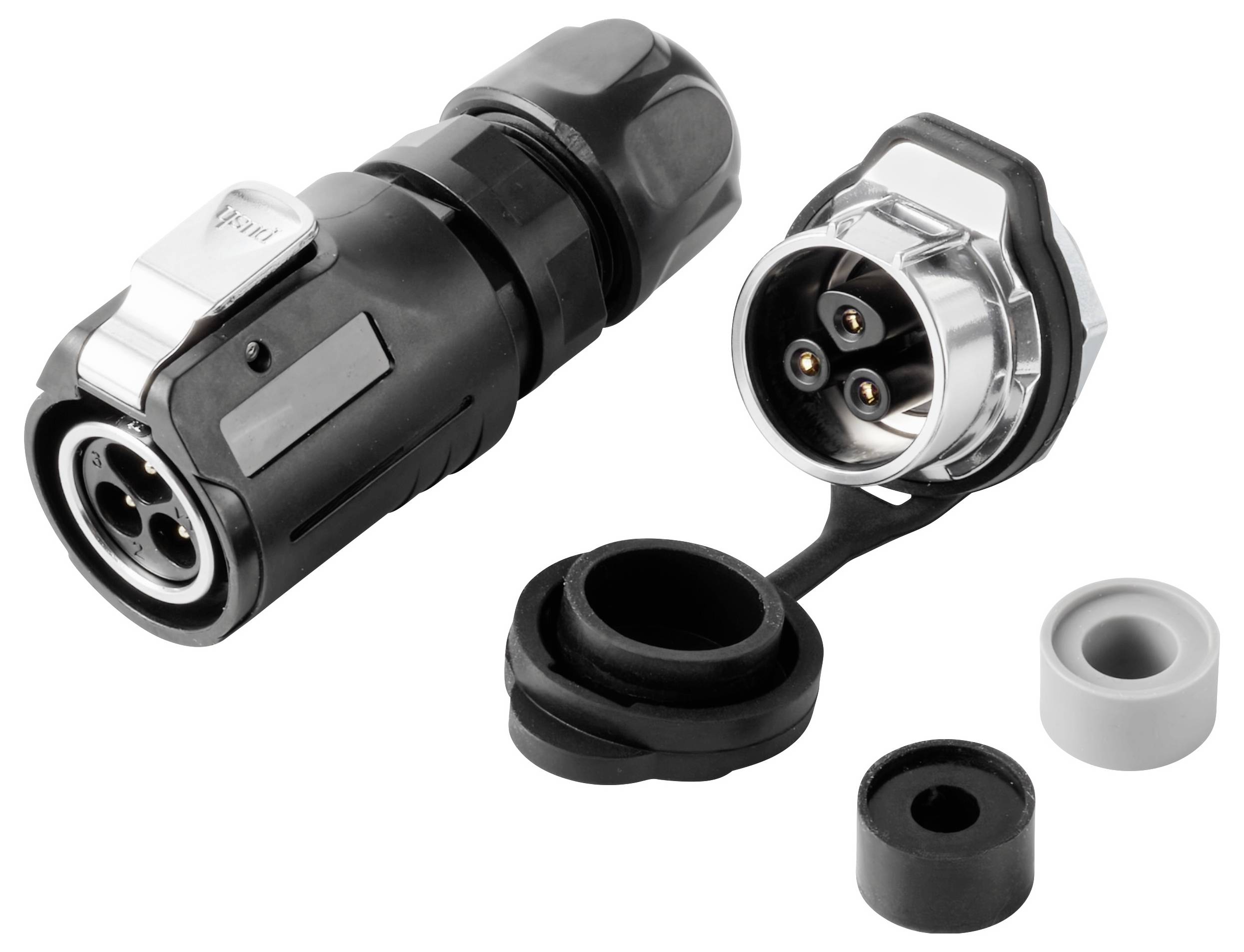 Kit de connecteur électrique circulaire étanche avec fiche et socle noirs et argentés, plus capuchon anti-poussière et deux joints d'étanchéité.