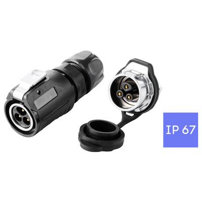 Connecteur électrique circulaire étanche avec capuchon, montré sous deux angles, étiqueté « IP67 ».