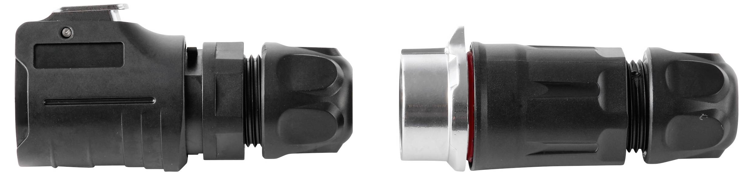 Deux connecteurs de câbles électriques cylindriques noirs, l'un avec un collier de verrouillage gris mat et l'autre avec un collier argenté, présentés côte à côte sur un fond blanc.