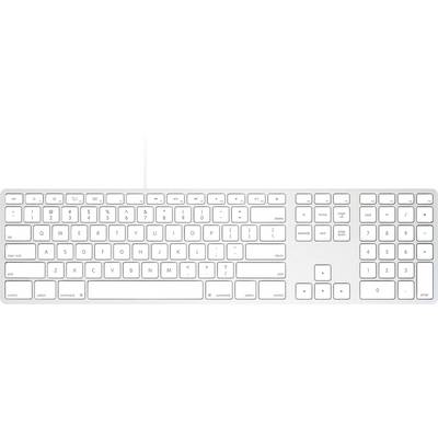 Clavier informatique blanc avec disposition de taille complète, incluant les touches de fonction, les touches de direction et le pavé numérique.