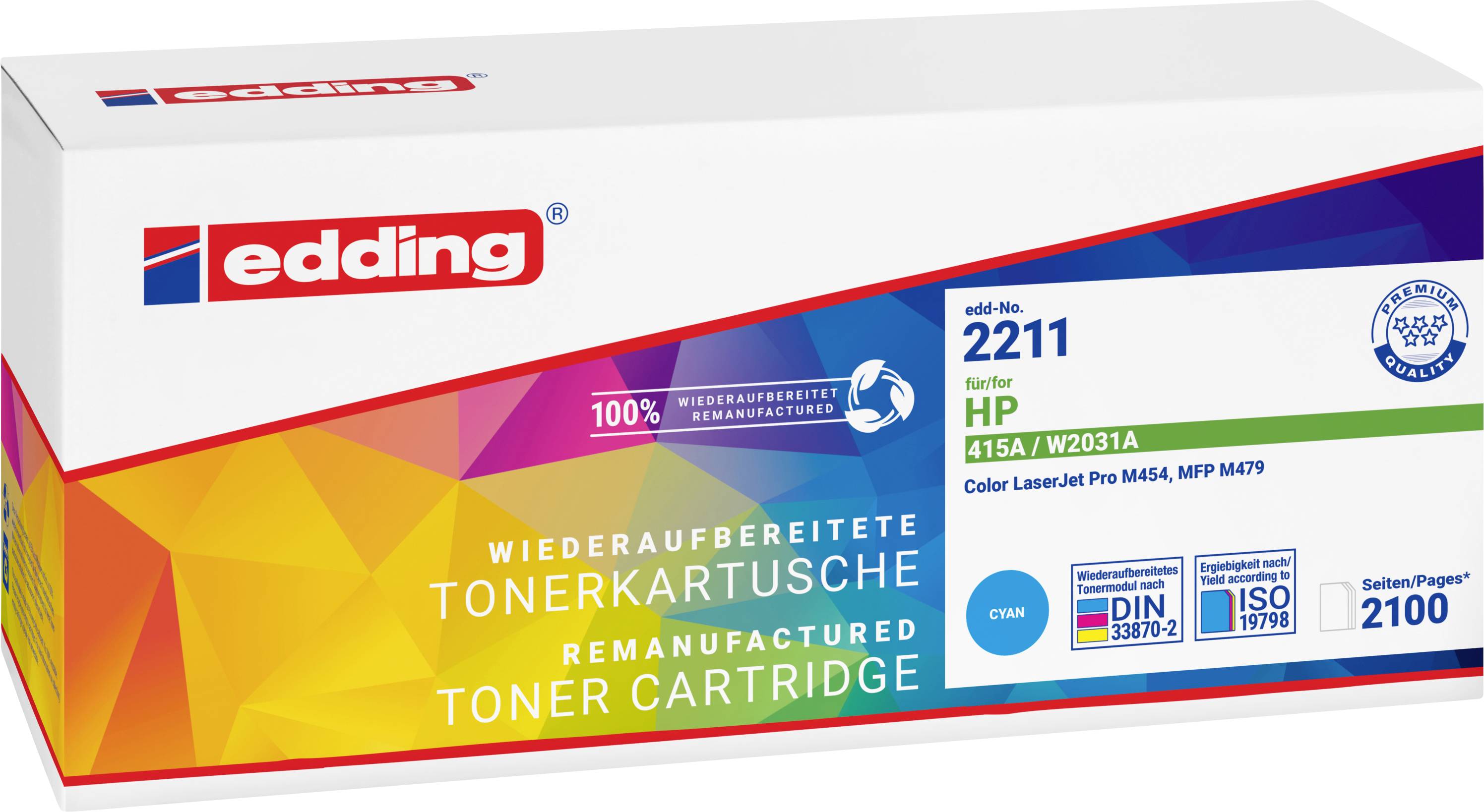 Emballage pour une cartouche de toner réusinée edding, marquée « edd-no 2211 » pour imprimantes laser couleur HP 415A/2031A, avec un rendement de 2100 pages.