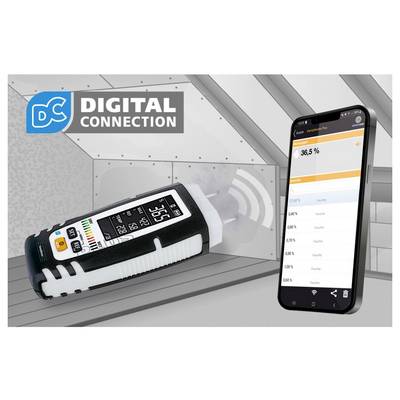 Image promotionnelle Digital Connection montrant un capteur portatif robuste transmettant des données sans fil à une application pour smartphone avec une lecture de 36,5%.
