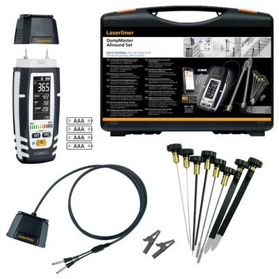 Kit complet humidimètre Laserliner DampMaster Allround avec étui de transport, appareil de mesure, piles, sonde câblée, accessoires et broches de test.