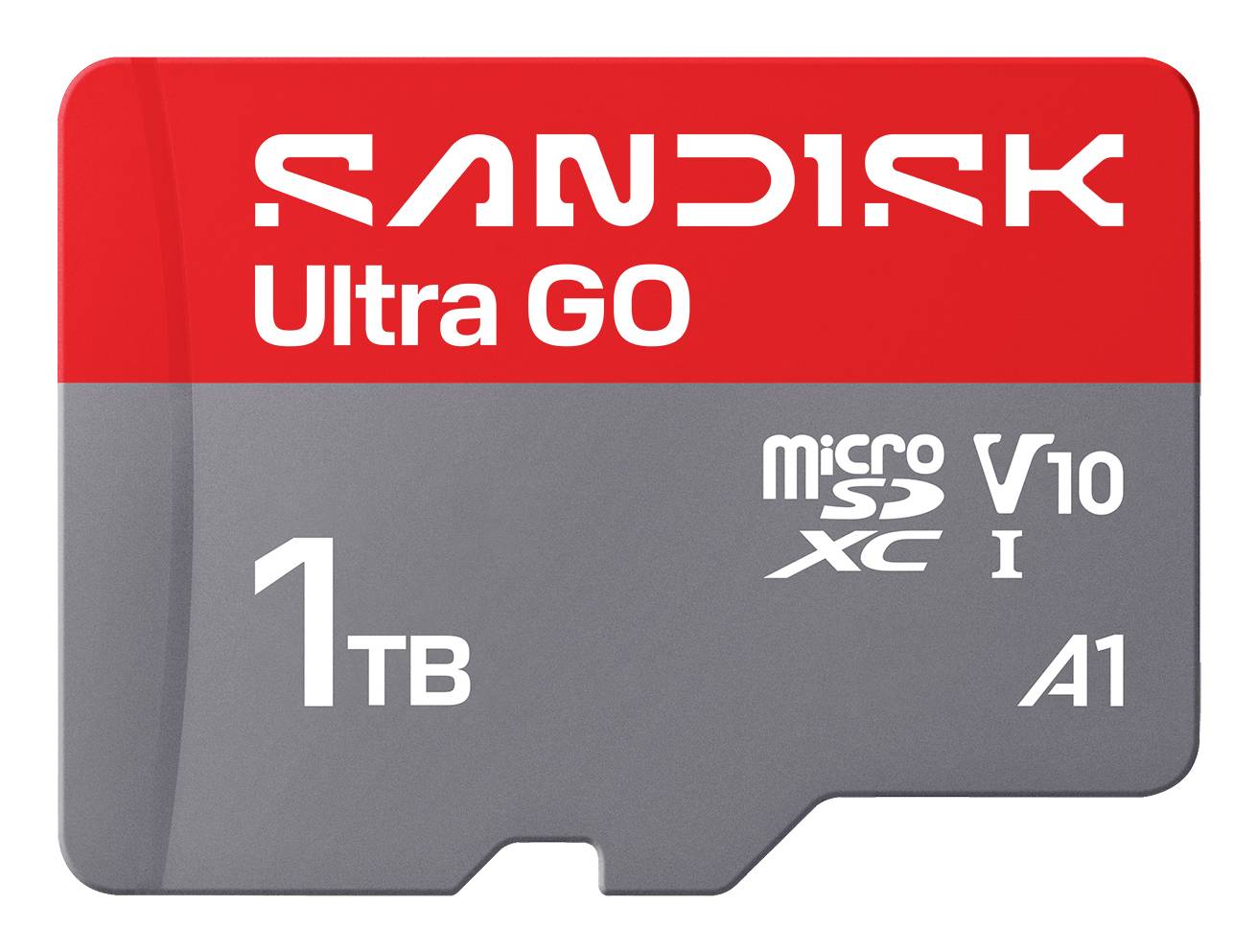 Carte microSD SanDisk Ultra Go 1 To avec les classifications V10 et A1 affichées sur l'étiquette rouge et grise.