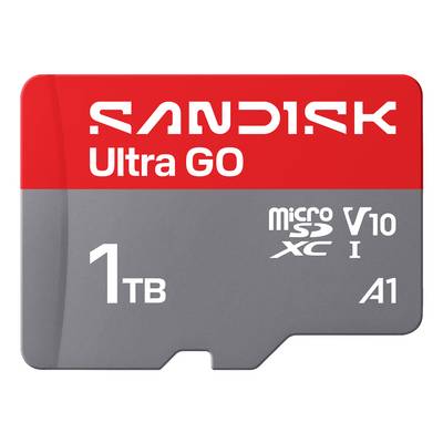 Carte microSD SanDisk Ultra Go 1 To avec les classifications V10 et A1 affichées sur l'étiquette rouge et grise.