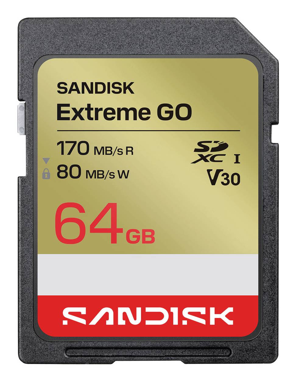 Carte SD SanDisk Extreme GO 64 Go affichant des vitesses de lecture de 170 Mo/s, d'écriture de 80 Mo/s, et des classifications de vitesse V30/U3.