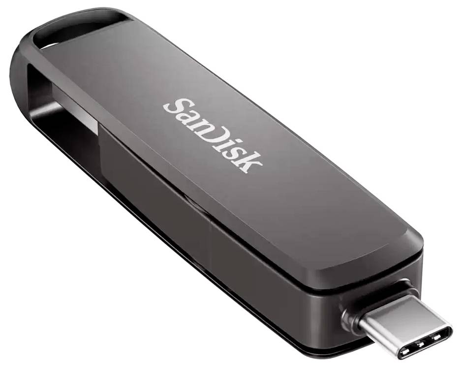 Clé USB SanDisk avec connecteur USB-C et corps noir avec boucle de fixation, présentée sur fond blanc.