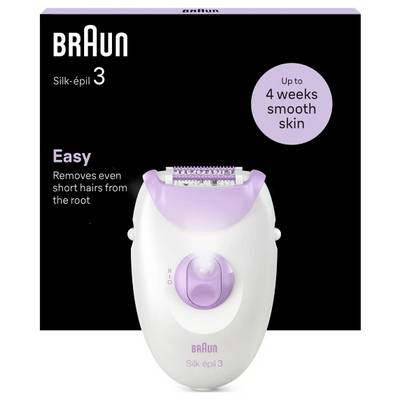 Épilateur Braun Silk-épil 3 sur un emballage noir, avec le texte « Jusqu'à 4 semaines de peau lisse » et « Élimine facilement même les poils courts à la racine ».