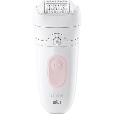 Épilateur électrique Braun Silk-épil 5 blanc avec pincettes rotatives visibles et zone d'alimentation rose sur le devant.