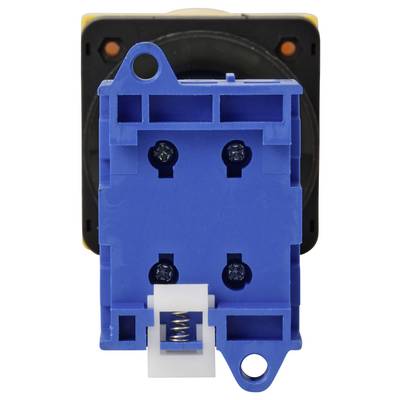 Gros plan d'un commutateur électrique bleu ou d'un composant relais monté sur une base noire, montrant les vis et les ouvertures des bornes.