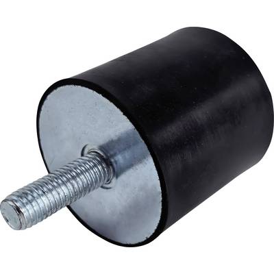 Support cylindrique en caoutchouc noir avec un boulon métallique fileté dépassant d'une extrémité, présenté sur un fond blanc.