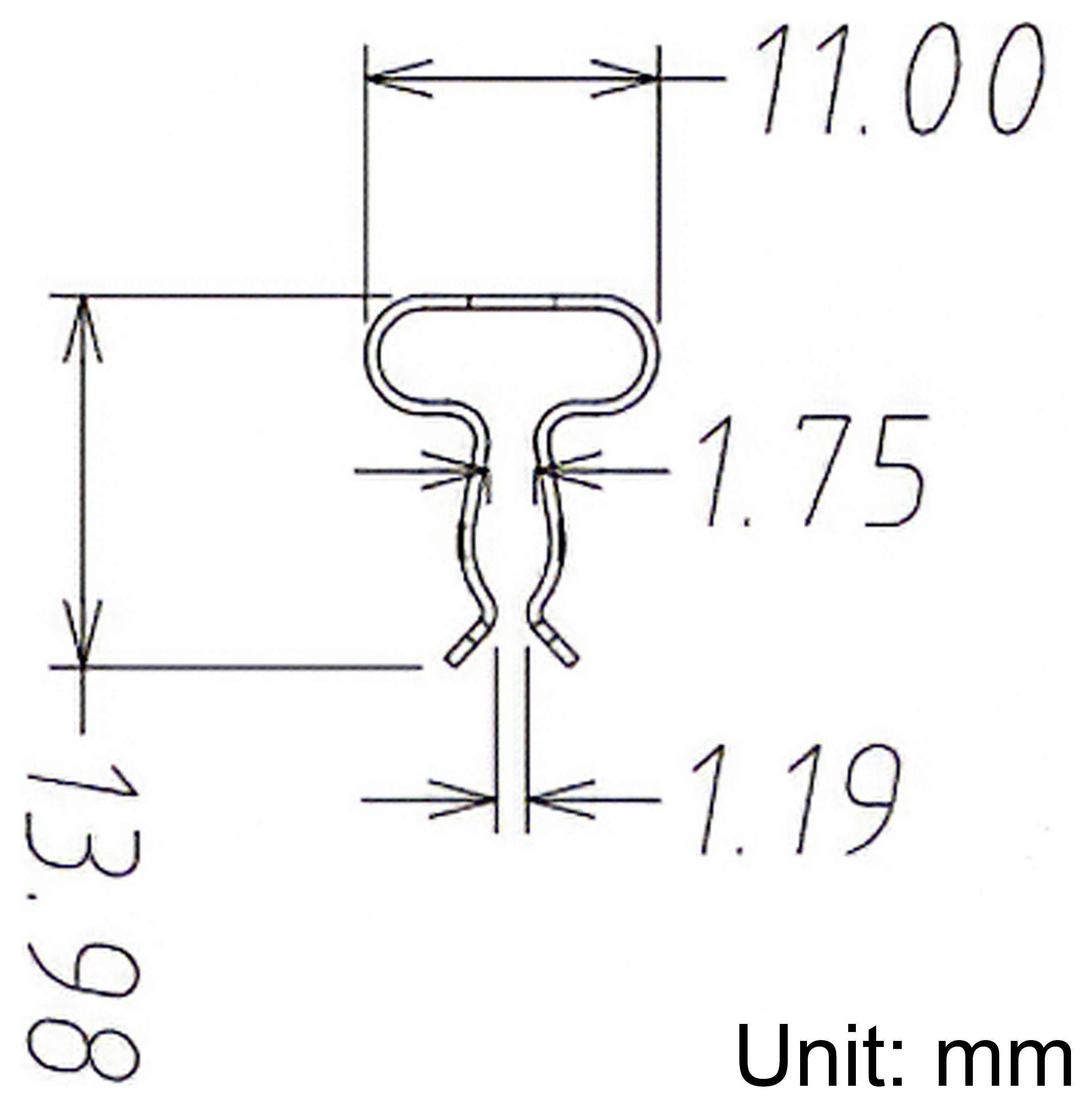 Schéma technique d'un petit clip ou fermoir avec dimensions indiquées en millimètres : 11,00 de large, 1,75 et 1,19 d'épaisseur, 13,98 de haut.
