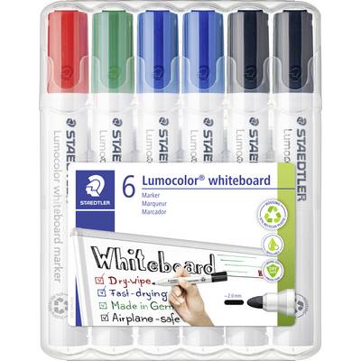 Lot de six marqueurs pour tableau blanc Staedtler Lumocolor en couleurs assorties avec étui en plastique transparent et étiquette.