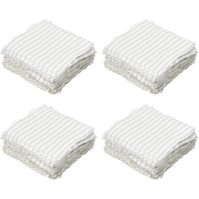 Quatre piles de tissu blanc rayé plié ou de serviettes arrangées en grille 2x2 sur un fond blanc.
