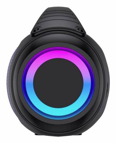 Écouteur circum-auriculaire noir avec un anneau lumineux RGB circulaire autour du haut-parleur, présenté sur un fond blanc.