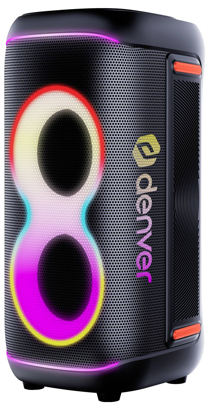 Enceinte portable Denver noire avec grille perforée, anneau LED en forme d'infini luminescent à l'avant, et logo « denver » sur le côté.