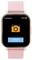 Écran de montre intelligente rose affichant une application appareil photo avec l'heure 10:09, une icône d'appareil photo orange et un bouton « DÉMARRER ».