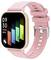 Montre intelligente rose avec écran carré affichant 09h30, date 03/06, lundi, et des barres de fitness colorées étiquetées BMP, KM, KCA, ÉTAPE.