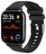 Montre intelligente noire avec écran tactile carré affichant 20:36, la météo, la date, un graphique de fréquence cardiaque et des icônes d'étapes/activité sur un bracelet noir.