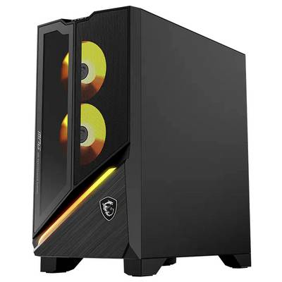Tour de boîtier de jeu noire avec fenêtre latérale montrant deux ventilateurs éclairés RGB et un éclairage d'accent orange sur le panneau frontal.