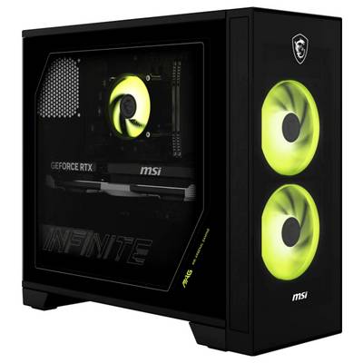 Tour de PC gaming MSI noire avec panneau latéral en verre, carte graphique GeForce RTX, et deux ventilateurs de refroidissement avant vert vif.