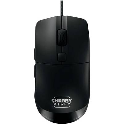 Souris d'ordinateur filaire noire avec molette de défilement et logo CHERRY XTRFY, présentée vue de dessus sur fond blanc.