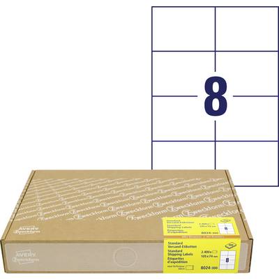 Une boîte d'étiquettes d'expédition Avery Zweckform, format 8, avec une grande feuille d'étiquettes marquée 8 au-dessus du paquet.