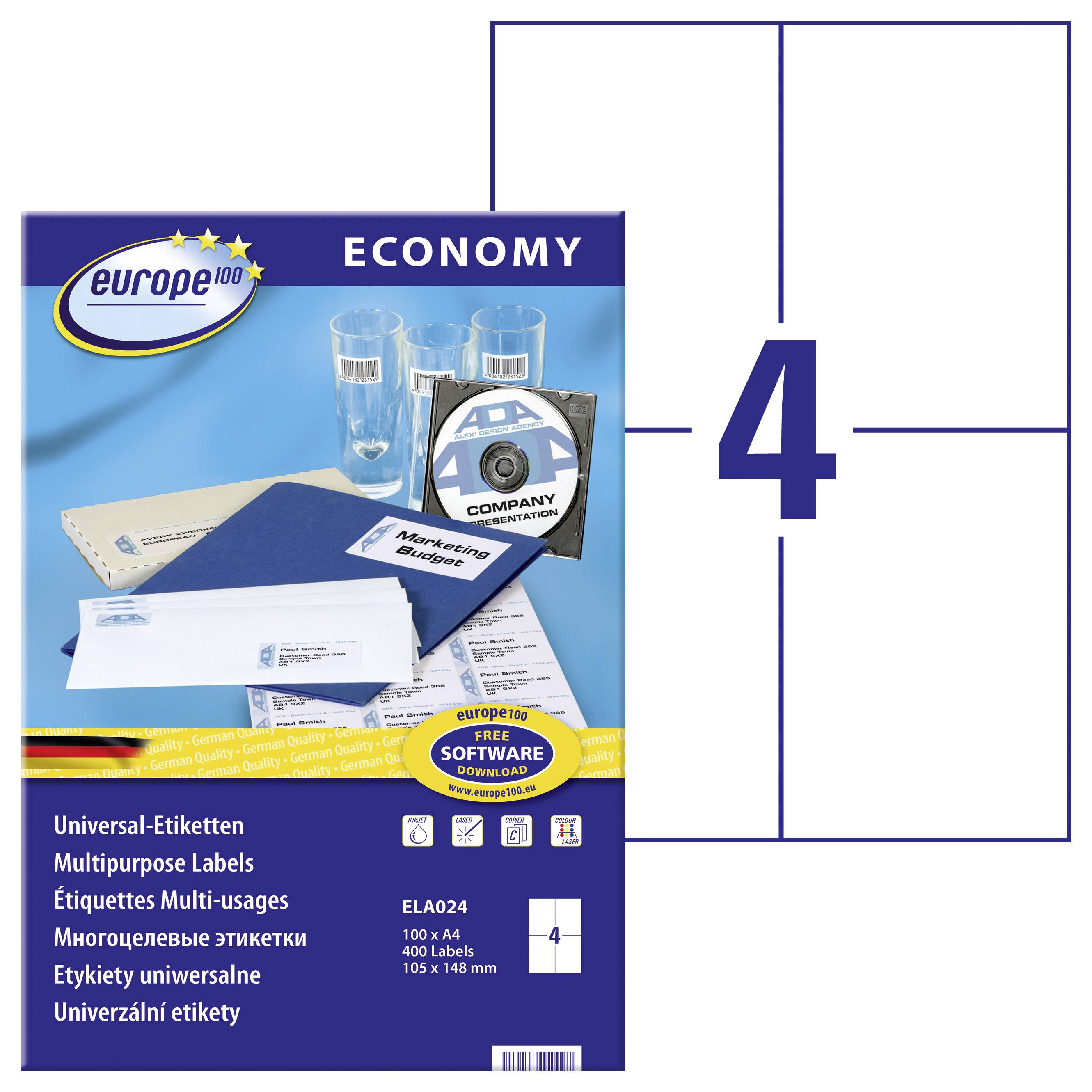 Paquet de produit pour étiquettes universelles « économie », présenté sous forme d'une boîte étiquetée « 4 » avec assortiment de feuilles d'étiquettes de bureau et de fournitures de papeterie à l'avant.