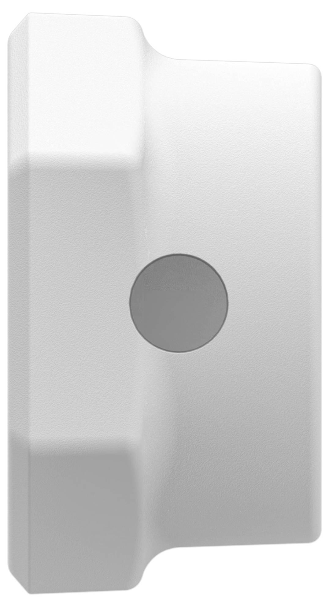 Montage mural en plastique blanc avec un bouton ou capteur circulaire gris central sur une fixation rectangulaire.