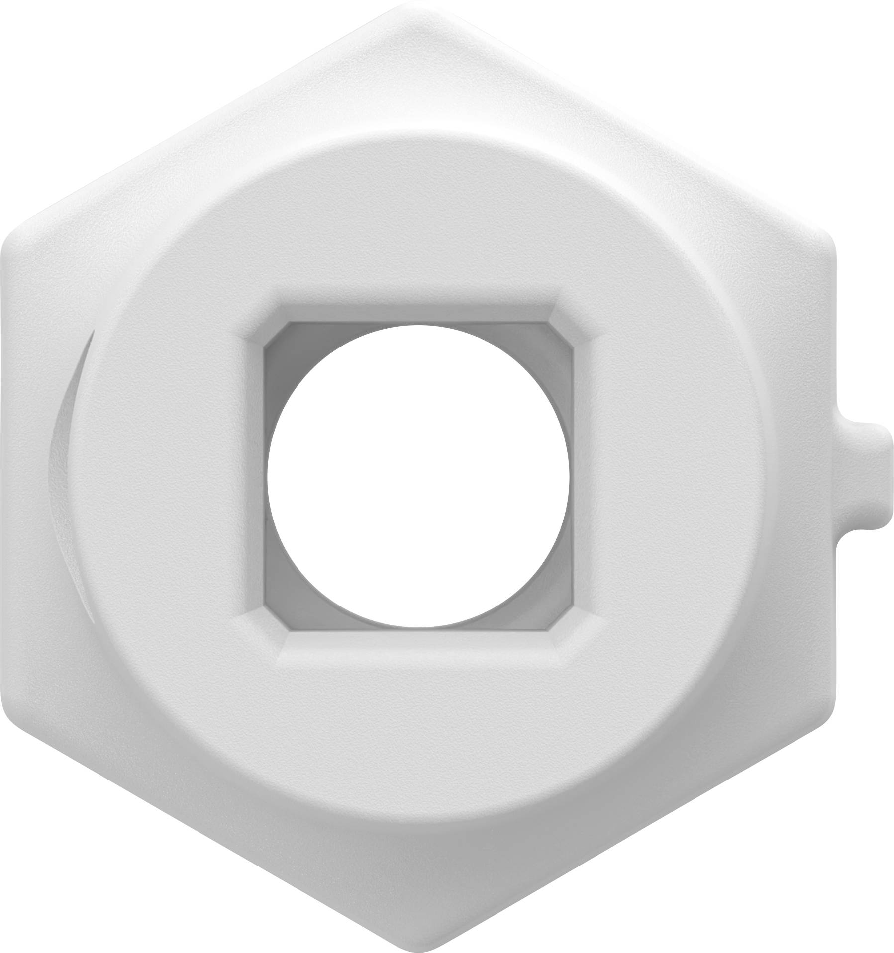 Composant mécanique hexagonal blanc avec une ouverture circulaire centrée et une petite languette latérale, présenté sur un fond neutre.