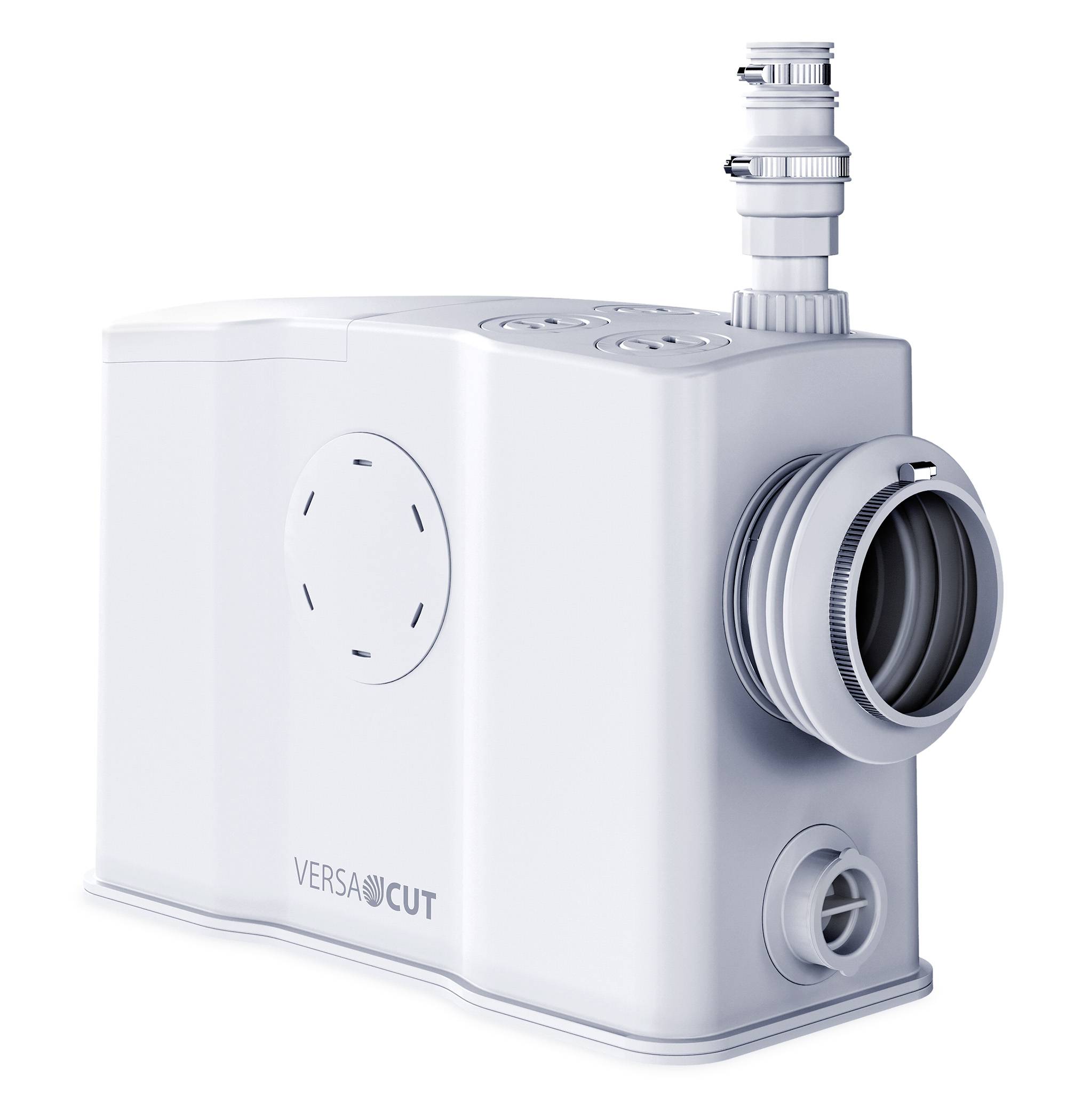 Pompe ou unité de coupe VersaCut blanche avec une grande entrée latérale, une sortie inférieure plus petite et un connecteur de câble supérieur, présenté sur un fond uni.