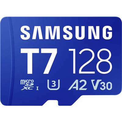 Carte microSD Samsung T7 128 Go, étiquette bleue avec les classifications de vitesse A2 et V30.