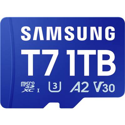 Carte microSD Samsung T7 1To bleue avec étiquette indiquant les vitesses U3, A2 et V30.