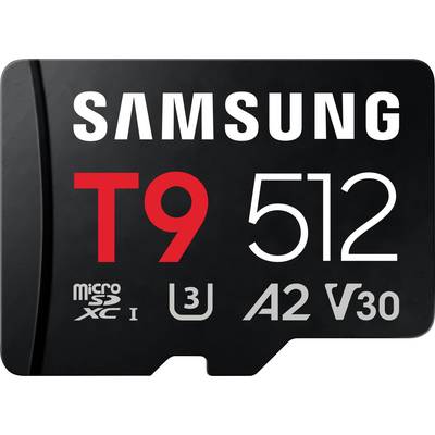 Carte microSD Samsung T9 512 Go avec étiquette affichant les classifications de vitesse U3, A2 et V30.