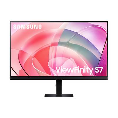 Moniteur Samsung ViewFinity S7 avec écran abstrait rose sur un support