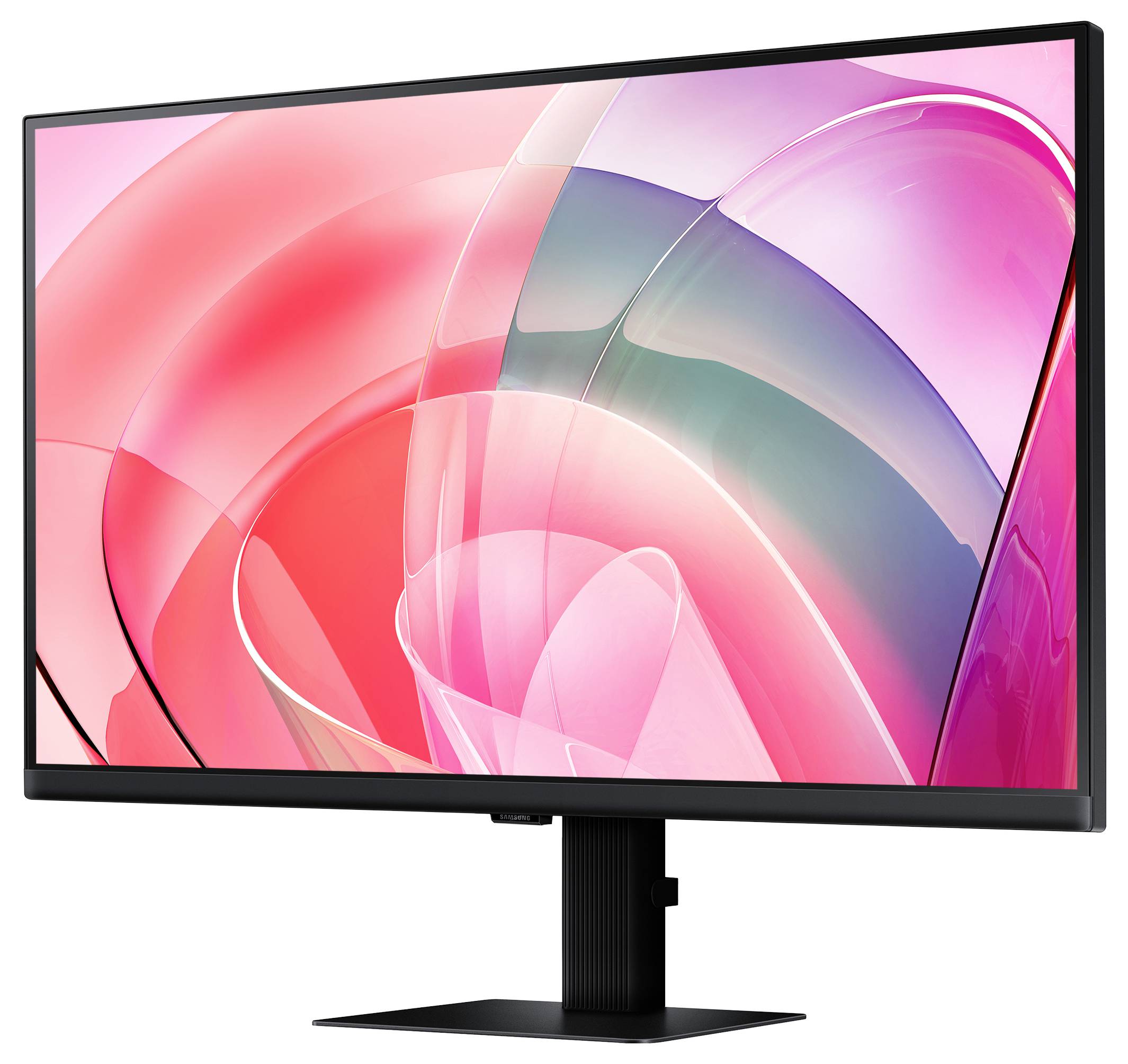 Moniteur à cadre noir sur un support affichant un fond d'écran abstrait rose, rouge et bleu-vert.