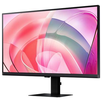Moniteur à cadre noir sur un support affichant un fond d'écran abstrait rose, rouge et bleu-vert.