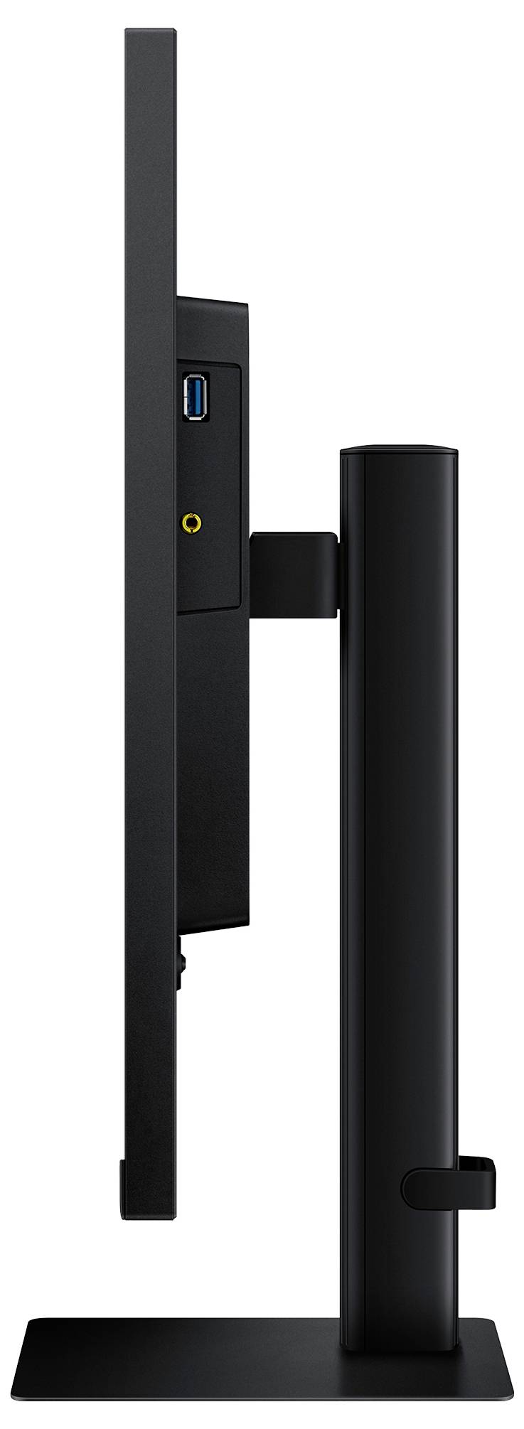 Vue latérale d'un moniteur à écran plat noir sur un support, montrant un port USB et une prise casque sur le panneau arrière.