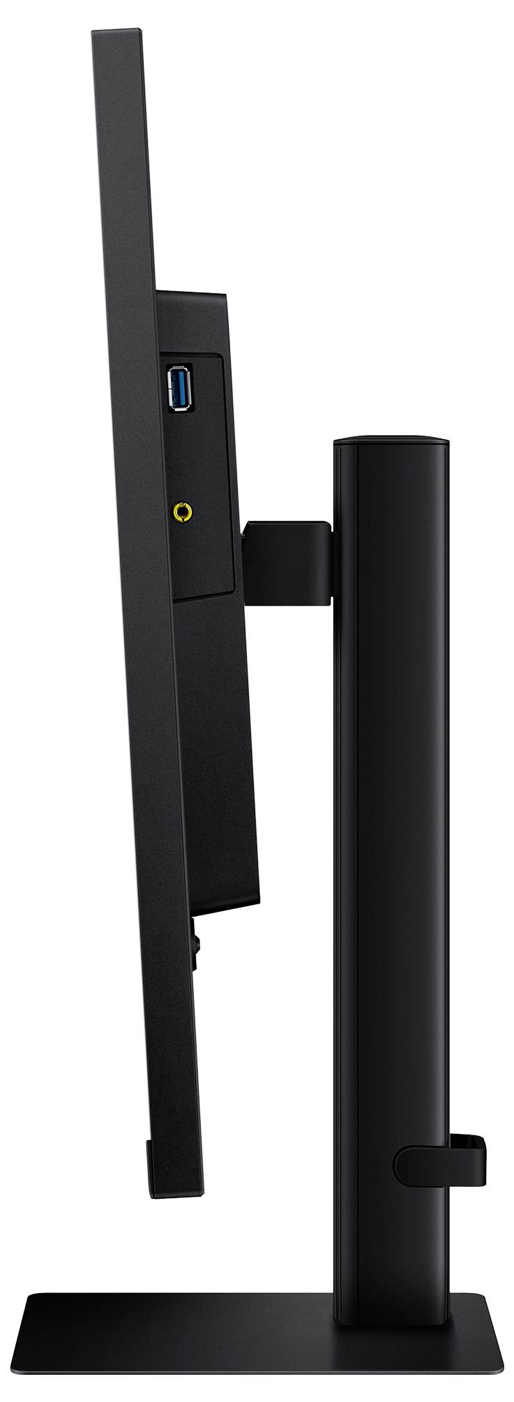 Support de moniteur ajustable noir montré en vue latérale, avec un port USB et une ouverture de passage de câble à l'arrière du socle d'affichage.